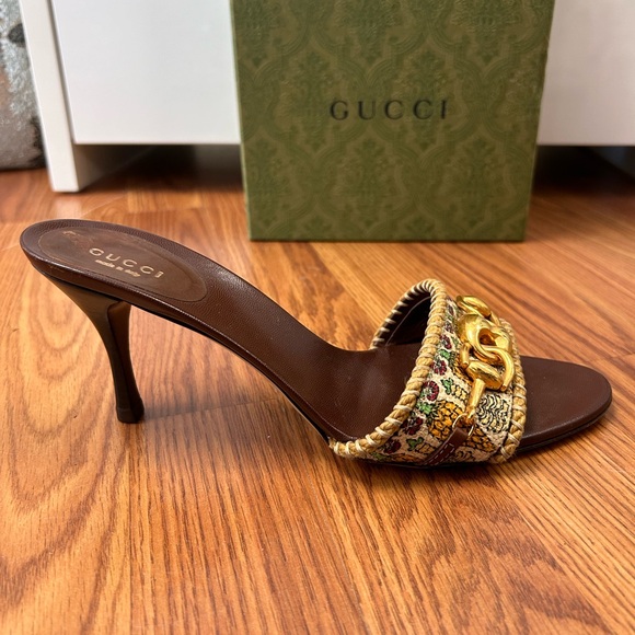 Gucci Brown Woven Jute Horsebit Heels Gold Chain Link Women’s Size 8.5B w/ box - Picture 7 of 11